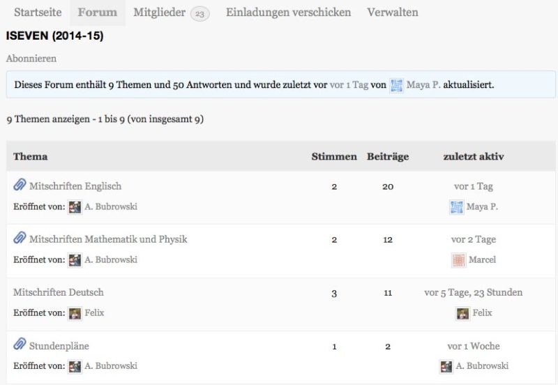 Im Gruppenforum bieten sich beliebige Möglichkeiten der Strukturierung, zum Beispiel die Erstellung eigener Themen für Mitschriften in einzelnen Fächern | Abb.: A. Bubrowski/CJD Oberurff